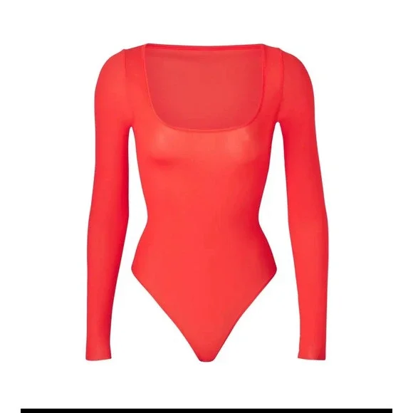 SKIMS Jelly Sheer Long Sleeve Bodysuit Poppy Square Neck XL - Picture 6 of 8